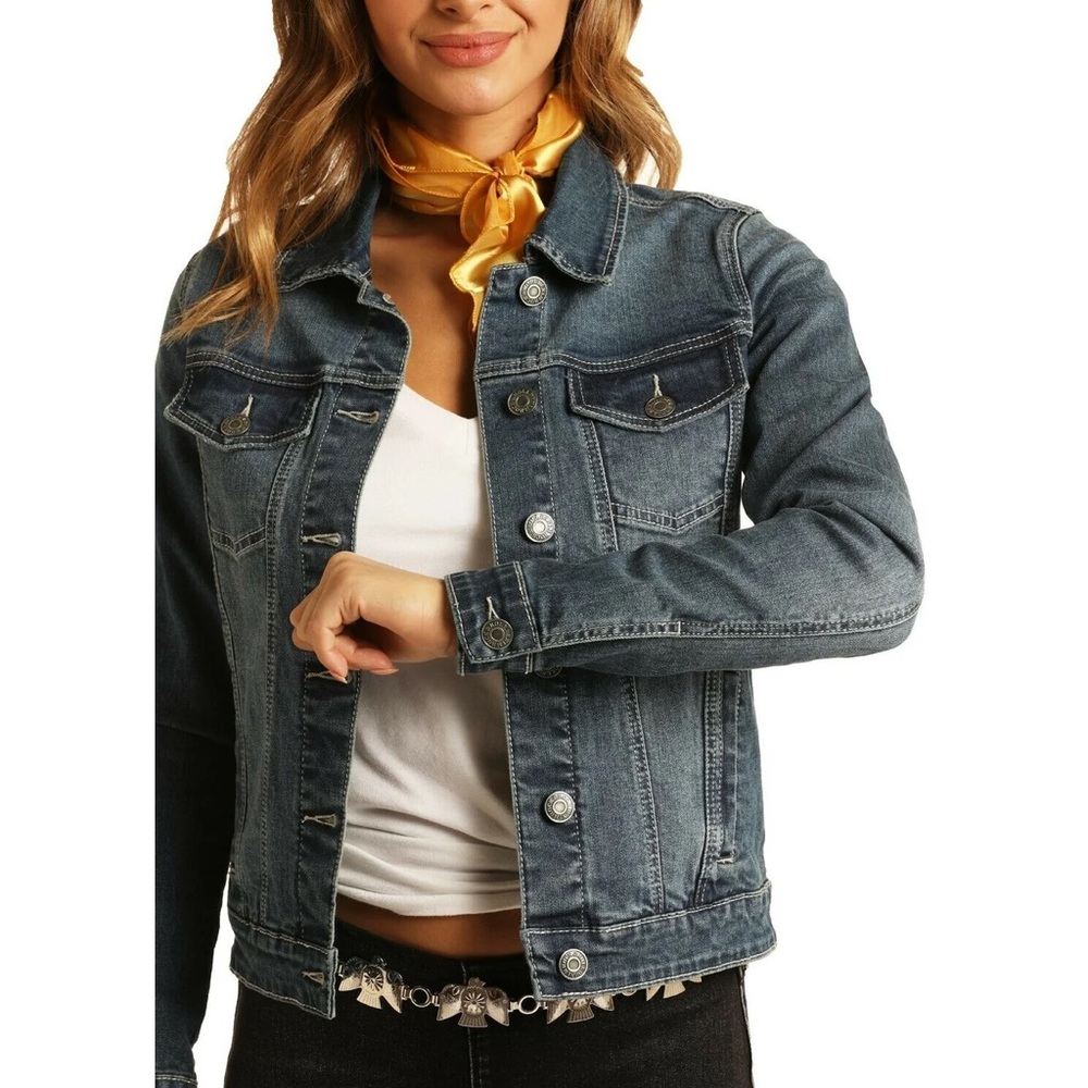 Rock & Roll Cowgirls Western Dark Wash Stylish Casual Jean Jacket. Size M